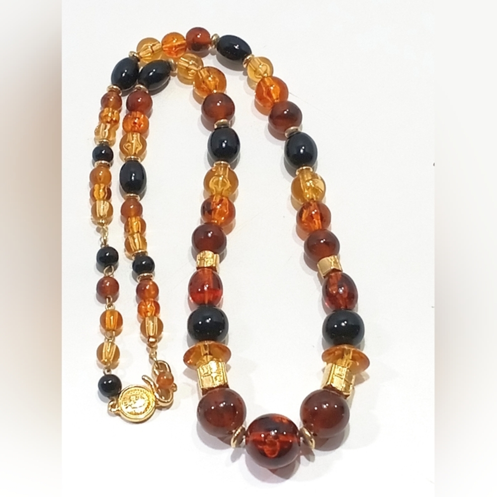 Liz Claiborne Amber Beaded Necklace Vintage Gold Plastic